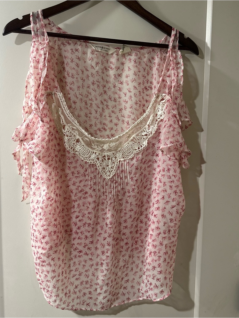 Denim & Supply Ralph Lauren sheer pink floral lace crochet cold shoulder blouse